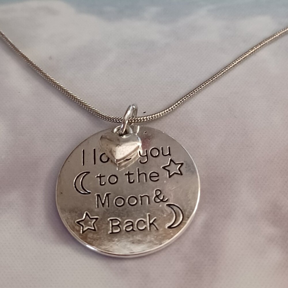NWT HANDMADE I LOVE YOU TO THE MOON AND BACK SILVER NECKLACE & HEART EAR…